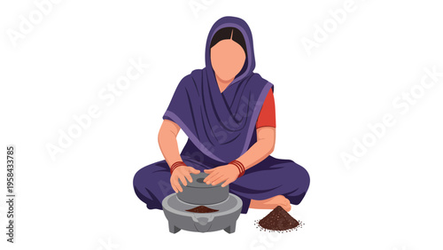 Woman grinding spices: A depiction of a woman engrossed in the age-old practice of grinding spices, a testament to tradition and culinary heritage.