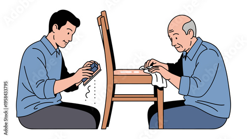 Chair restoration: A skilled craftsman meticulously sanding and polishing a wooden chair, showcasing the art of restoration and preservation. A time-honored craft demonstrating patience.