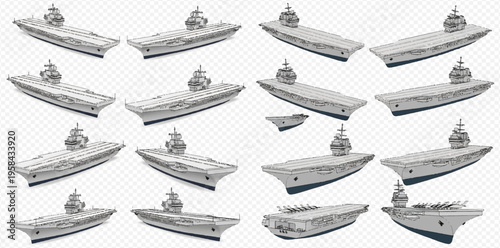 Collection of isolated aircraft carriers, military warships for naval defense and power projection, presented from various angles on a transparent background.