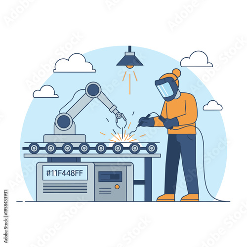 Robotic arm and welder working together on assembly line.