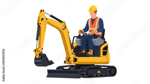 Construction operator on yellow excavator : A construction worker operating a yellow excavator at a construction site. The image focuses on worker's skills.