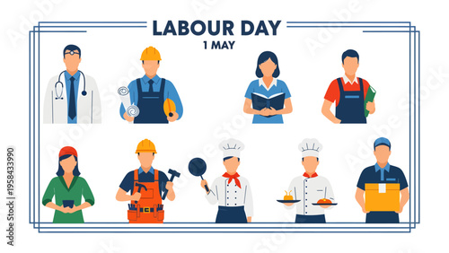 Labor Day Diversity: A diverse group of people from different professions is gathered to honor Labor Day. capturing unity and solidarity.