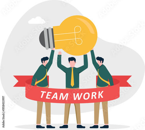 Team of three businessmen lifting a giant creative lightbulb representing collaborative ideas