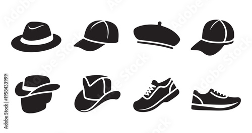 Simple black icons of hats and shoes, essential headwear and footwear for everyday use