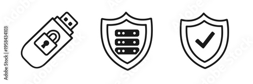 Minimal security icon set with usb drive, password keypad, and shield check symbols. Clean line vector collection for authentication, access control, and data protection.