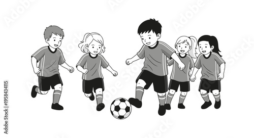 Happy group of children playing soccer together, kids in sports uniform kicking ball, cartoon vector illustration in black and white.