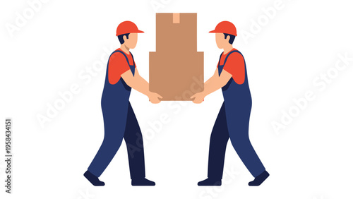 Moving with Teamwork: Two movers, united in a shared task, diligently carry a stack of cardboard boxes. Illustrating the essence of cooperation.