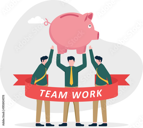 Three professionals lifting a giant piggy bank representing teamwork in savings and finance