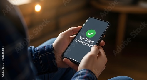 A person holding a smartphone with a verified account screen