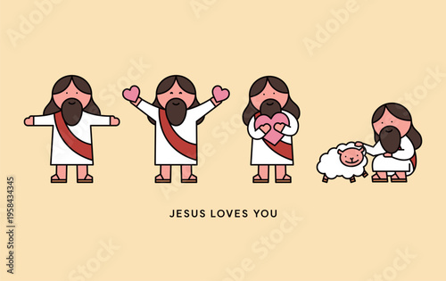 Cute Jesus Character Set with Hearts and Sheep, Simple Christian Vector Illustration