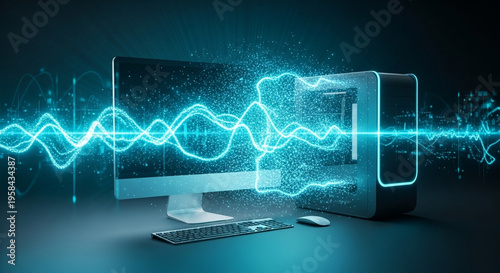 A modern computer setup displays vibrant blue waveforms emanating from the screen suggesting data flow