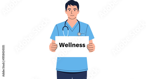 Male doctor or nurse in blue scrubs holding a white placard with the word "Wellness" on it.