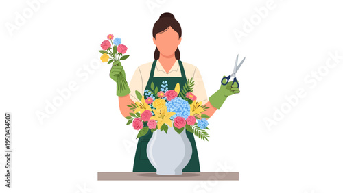 Floral Artisan at Work: A skilled florist meticulously arranges a vibrant bouquet of flowers in a decorative vase, using scissors to create a stunning composition of colors and forms. 