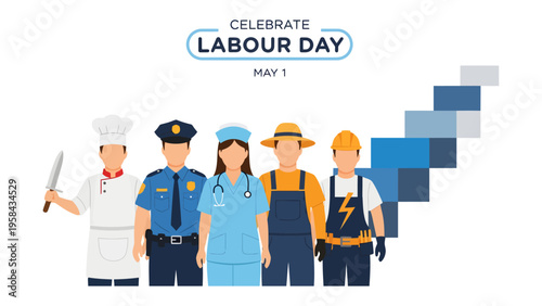 Labor Day Celebration: A diverse group of essential workers stand united, symbolizing the value of labor and the contributions of every profession.