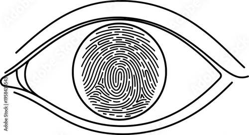 Minimalist biometric eye fingerprint line art, advanced security vector, "Created with AI assistance and manually refined."