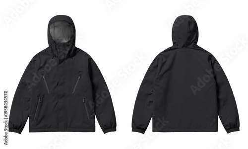 Cuadro en lienzo Black waterproof windbreaker jacket with hood front and back view isolated on wh