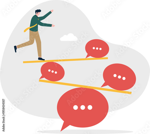 Professional man balancing on seesaw with multiple red speech bubbles