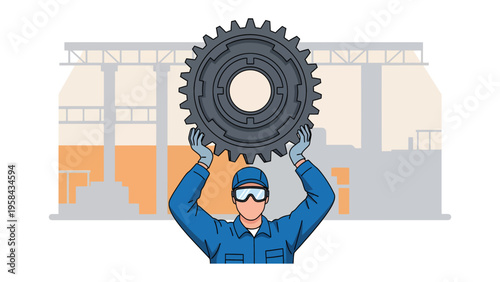 Precise Assembly: A skilled worker meticulously inspects a large gear, a symbol of precision, within a bustling manufacturing setting, showcasing dedication and quality.