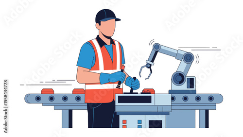 Automation in the Factory: A worker skillfully operates machinery in a modern factory setting. The image is a visual representation of the intersection of human and machine.