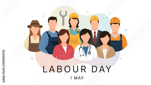 Labor Day Celebration: A diverse group of essential workers come together in a vibrant display of unity and appreciation.