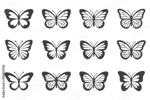 Butterfly Icon Set with Silhouette and Outline Wings, Minimal Insect Vector Collection. Minimal vector set perfect for logos, tattoos, stickers, nature themes and spring seasonal designs.