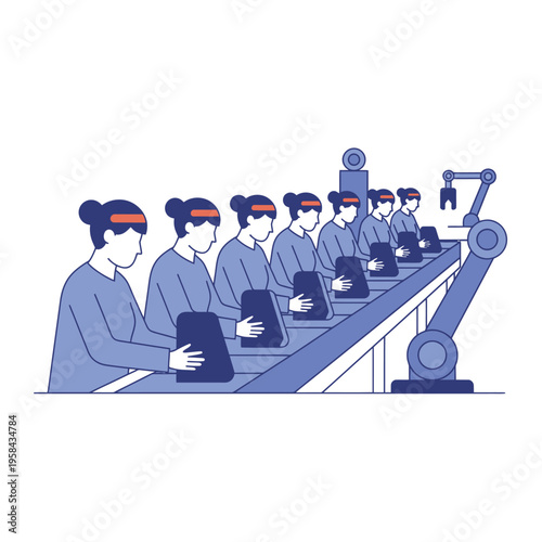 Robotic Arm and Workers Assembling Products on a Conveyor Belt.