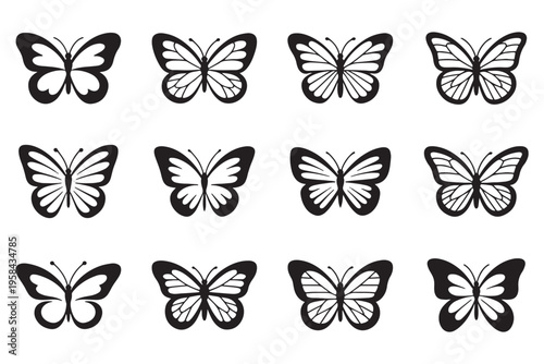 Silhouettes of butterflies in various flight positions, elegant black shapes on white background. Perfect for nature, design, or decorative art projects. High-quality vector butterfly illustration set