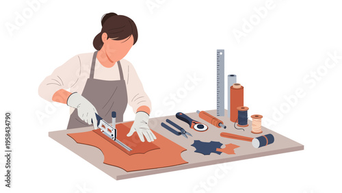 Crafting Mastery: A skilled artisan meticulously cuts leather with precision, surrounded by the essential tools of their trade. A testament to skill and dedication