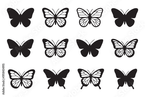 Butterfly Icon Set with Silhouette and Outline Wings, Minimal Insect Vector Collection. Minimal vector set perfect for logos, tattoos, stickers, nature themes and spring seasonal designs.