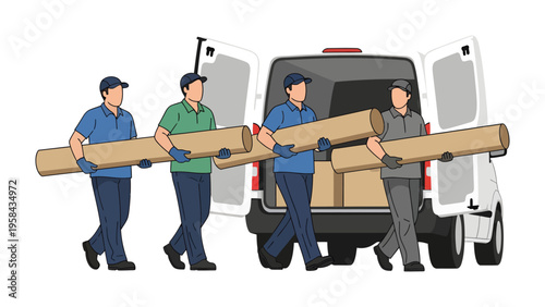 Moving Day: A team of diligent movers efficiently loads a delivery van with large rolls of material, demonstrating teamwork and professional service.