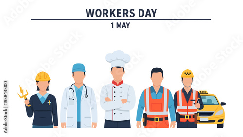 Workers' Day Celebrations: A diverse group of essential workers stand united, representing various professions, symbolizing labor, and commemorating International Workers' Day.