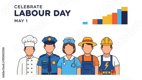 Labour Day Celebration: A diverse group of essential workers come together, embodying the spirit of Labour Day, a tribute to their dedication, skill, and indispensable contributions to society.