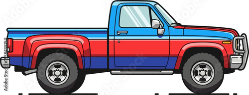 Red and blue heavy duty pickup truck
