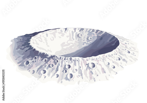 Detailed illustration of a lunar crater with impact marks and shadows