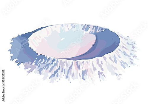 Abstract watercolor illustration of a crater with blue and purple hues