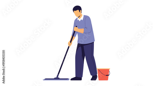 Cleaning Chore: A person wearing casual attire cleans the floor with a mop, alongside a cleaning bucket, exemplifying home maintenance.