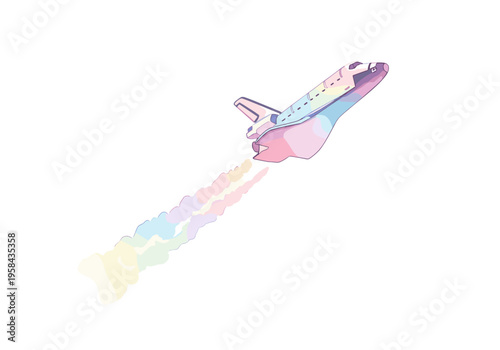 Whimsical pastel space shuttle blasting off with rainbow colored exhaust trails