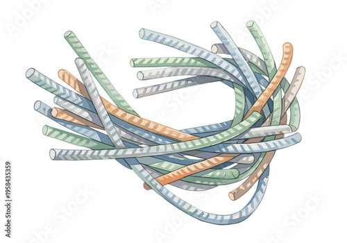 Bundle of construction rebar rods in various colors, abstract background for building materials