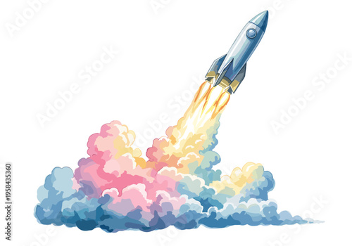 Cartoon rocket blasting off into colorful clouds with fiery exhaust