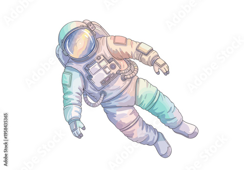Astronaut floating in space with colorful reflections on helmet visor