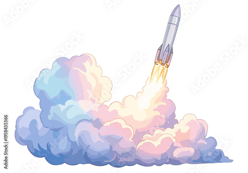 Cartoon rocket blasting off into colorful clouds with bright fiery exhaust