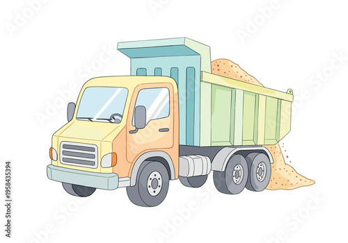 Cartoon dump truck carrying a load of sand and spilling some onto the ground