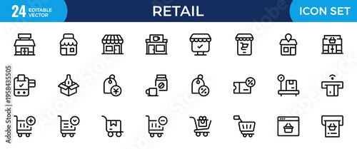Retail Industry Line Icon Set – Modern Minimal Outline Icons Collection for Business, Commerce, Shopping and Sales, Professional Vector Illustration
