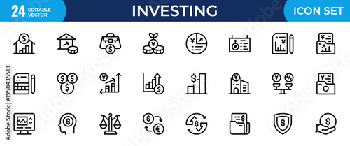 Investment and Finance Line Icon Set – Outline Icons for Investor, Risk Management, Economy, Financial Growth, Money and Coin Symbols, Editable Stroke Vector Illustration