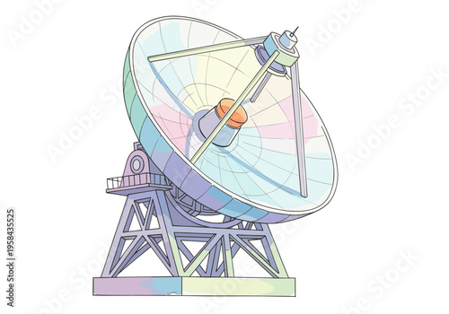 Illustration of a large parabolic dish antenna on a support structure
