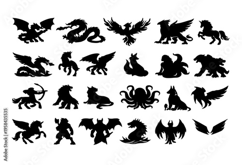 Mystical Creature Silhouettes: A collection of mysterious and mythical creatures silhouetted against a stark backdrop, showcasing the enigmatic allure of fantasy and folklore.