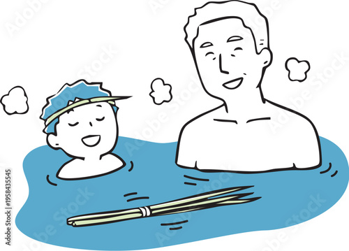 菖蒲湯に浸かるおじいちゃんと孫_2色