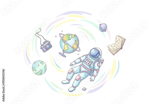 Astronaut floating in space surrounded by planets, camera, and an open book