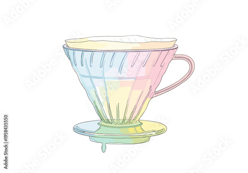 Hand-drawn coffee dripper with pastel watercolor accents and filter