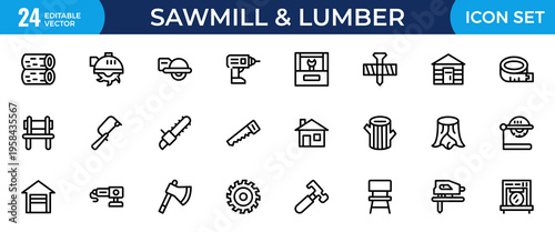 Sawmill and Lumber Industry Line Icon Set – Woodcutting, Timber Processing and Forestry Outline Vector Icons, Editable Stroke, Pixel Perfect